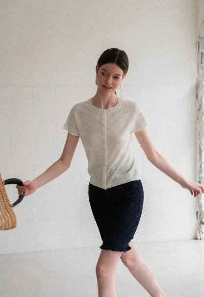 Asymmetrical Button Front Knit Sweater Short Sleeve V Neck