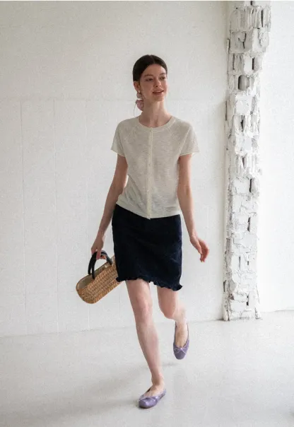 Asymmetrical Button Front Knit Sweater Short Sleeve V Neck