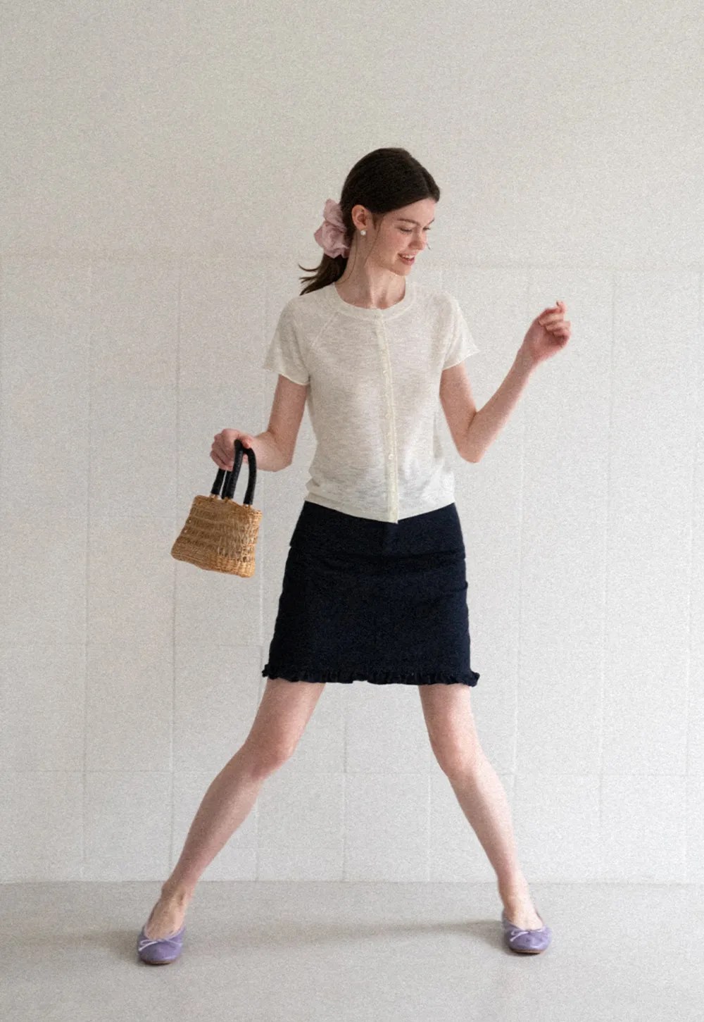 Asymmetrical Button Front Knit Sweater Short Sleeve V Neck