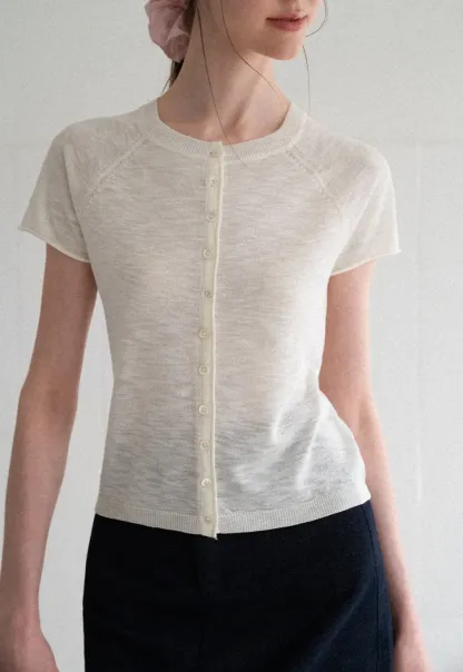 Asymmetrical Button Front Knit Sweater Short Sleeve V Neck