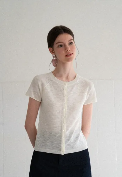 Asymmetrical Button Front Knit Sweater Short Sleeve V Neck