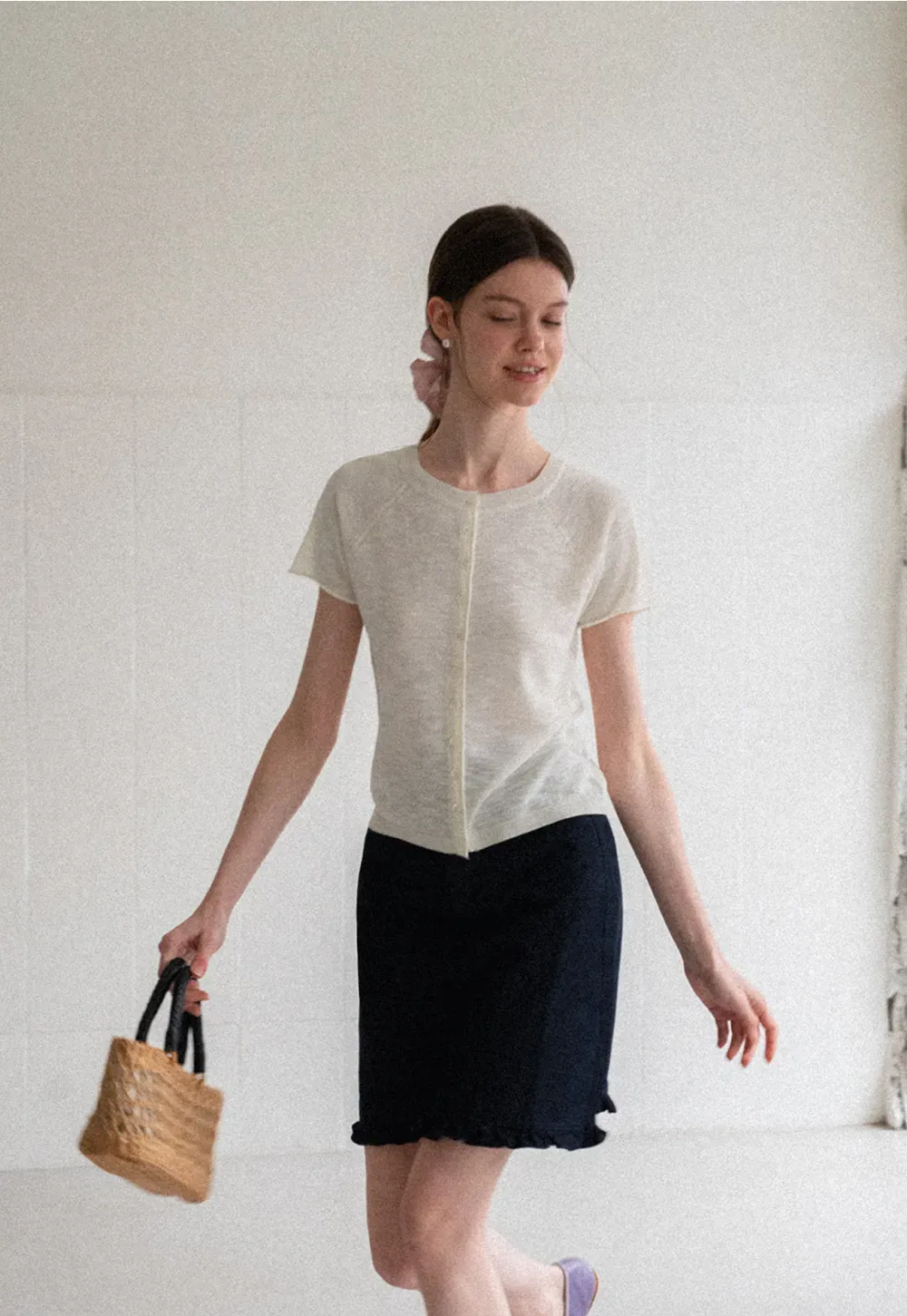 Asymmetrical Button Front Knit Sweater Short Sleeve V Neck