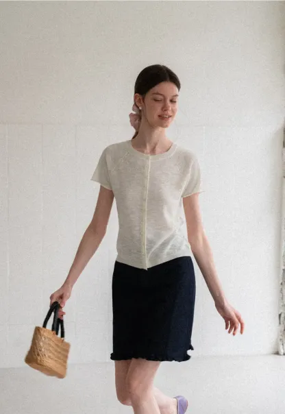 Asymmetrical Button Front Knit Sweater Short Sleeve V Neck