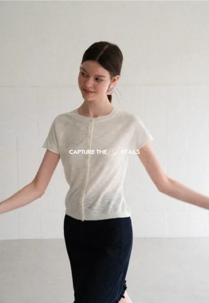 Asymmetrical Button Front Knit Sweater Short Sleeve V Neck