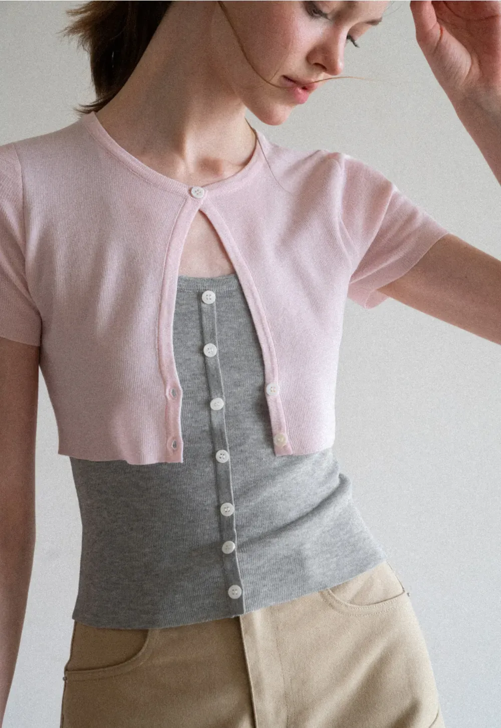 Cropped Open Front Knit Sweater With Button Detail