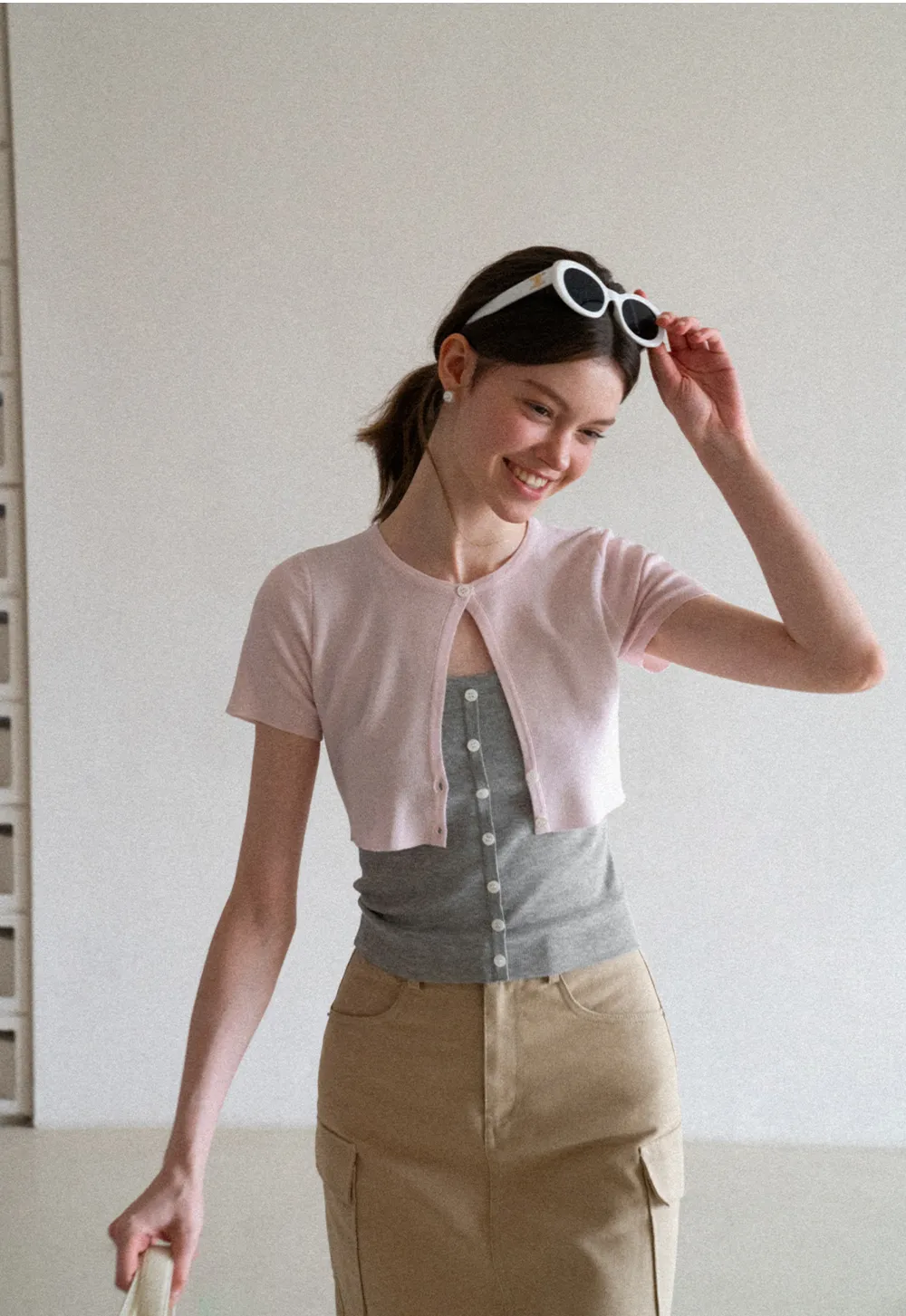 Cropped Open Front Knit Sweater With Button Detail