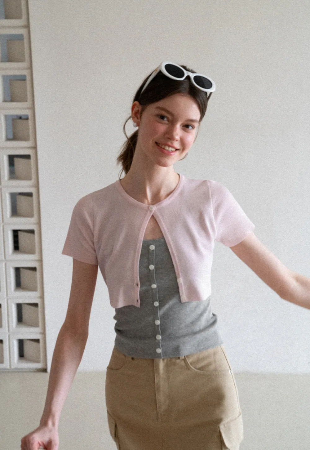 Cropped Open Front Knit Sweater With Button Detail