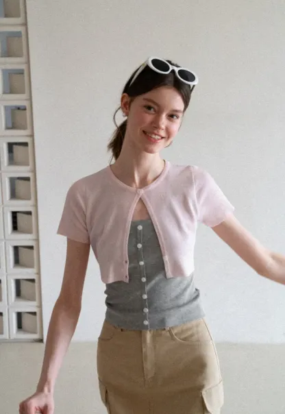 Cropped Open Front Knit Sweater With Button Detail