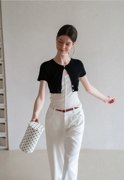 Cropped Open Front Knit Sweater With Button Detail