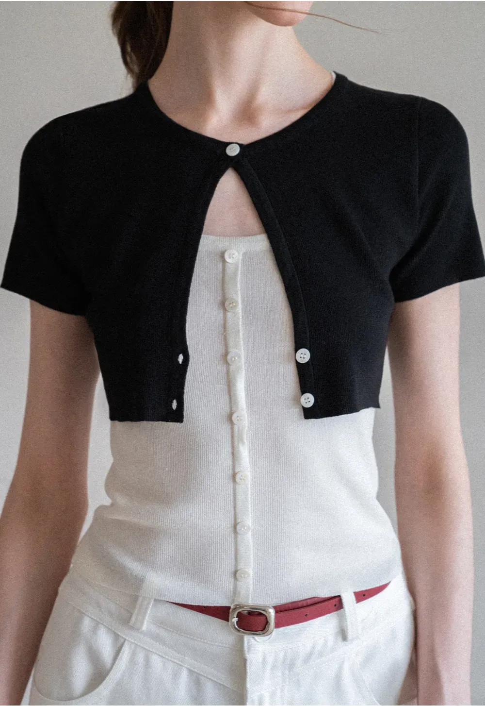 Cropped Open Front Knit Sweater With Button Detail