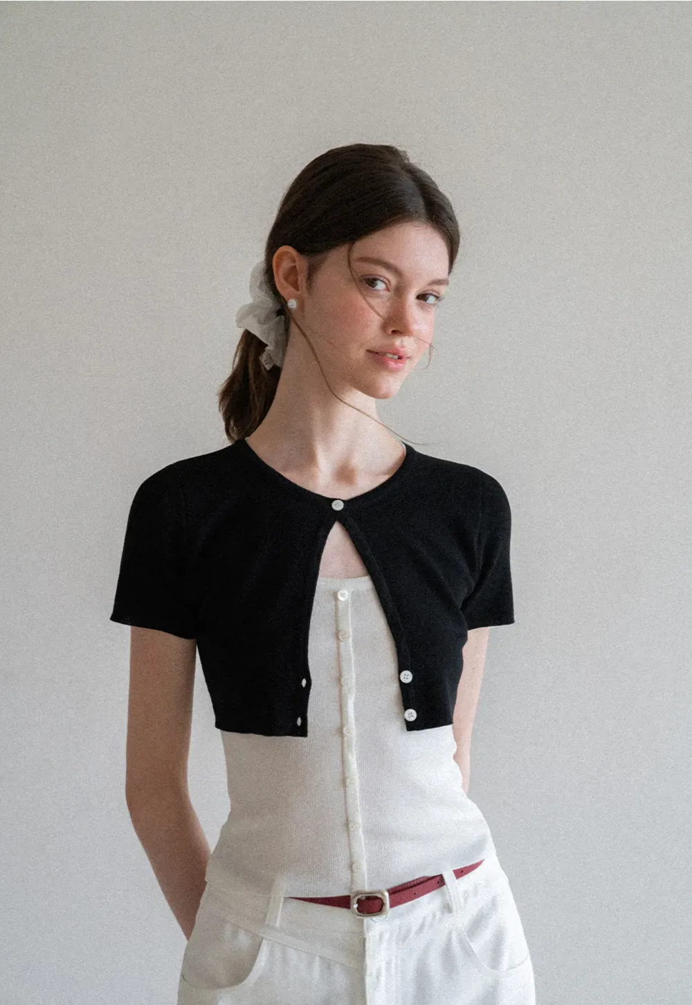 Cropped Open Front Knit Sweater With Button Detail