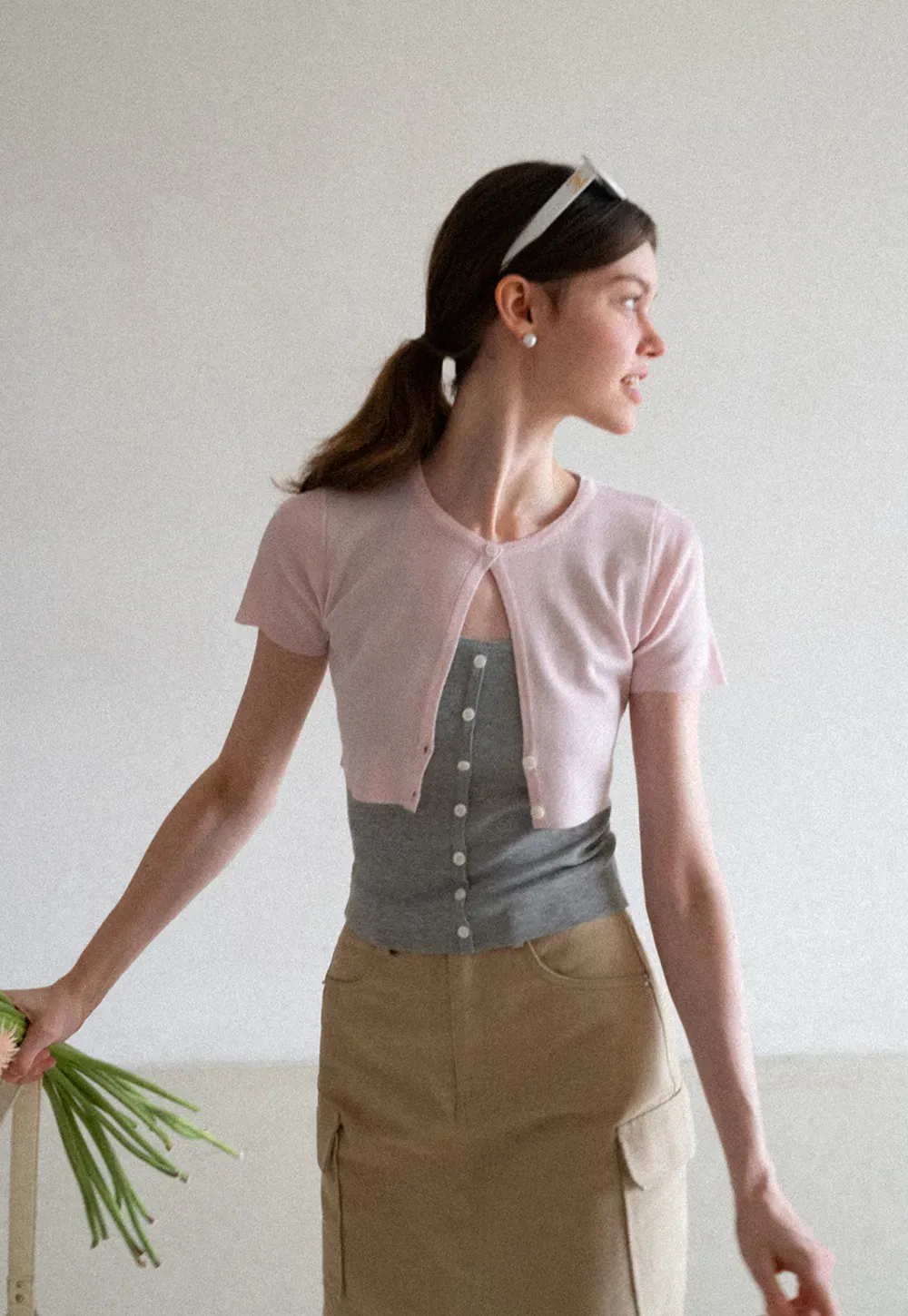 Cropped Open Front Knit Sweater With Button Detail