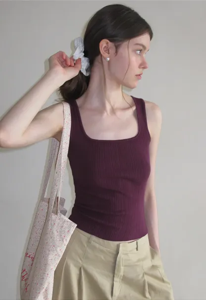 Ribbed Square Neck Sleeveless Knit Top