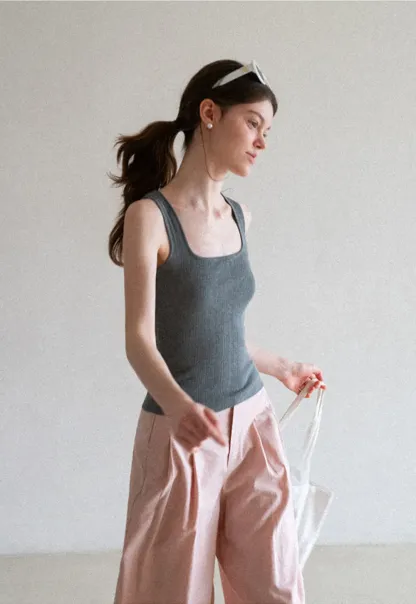 Ribbed Square Neck Sleeveless Knit Top