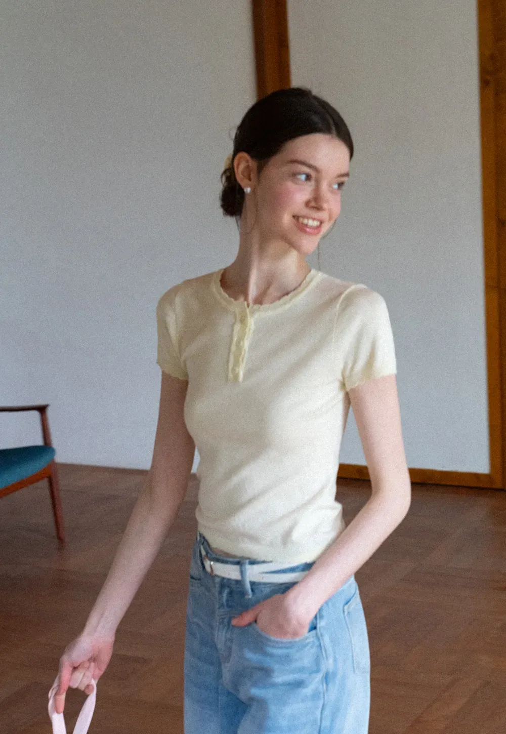 Ruffled Placket Short Sleeve Woolen Knit Sweater