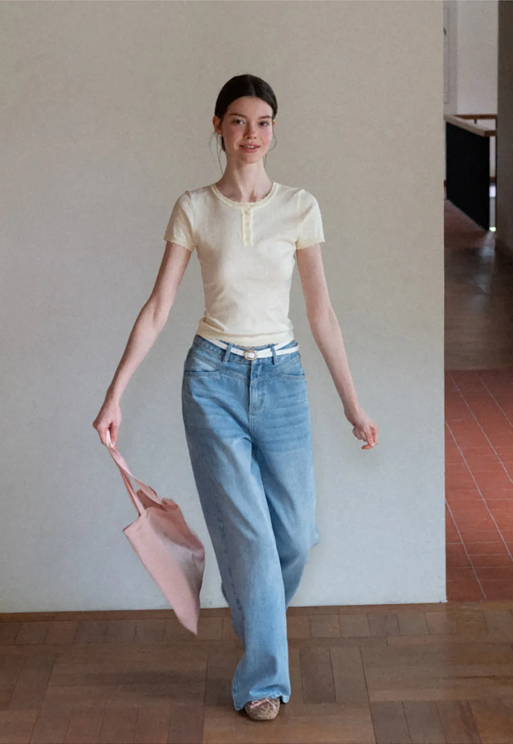 Ruffled Placket Short Sleeve Woolen Knit Sweater