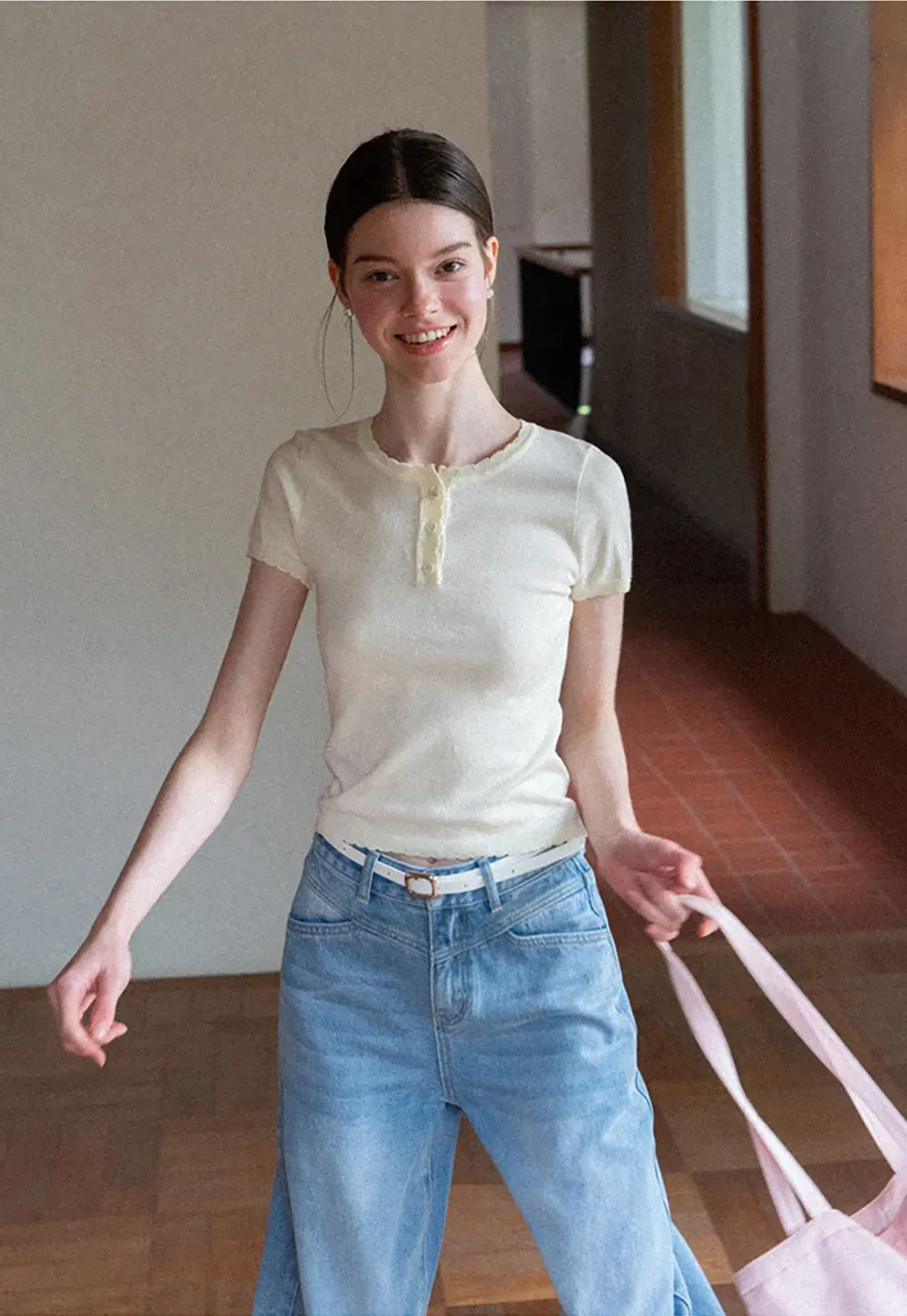 Ruffled Placket Short Sleeve Woolen Knit Sweater