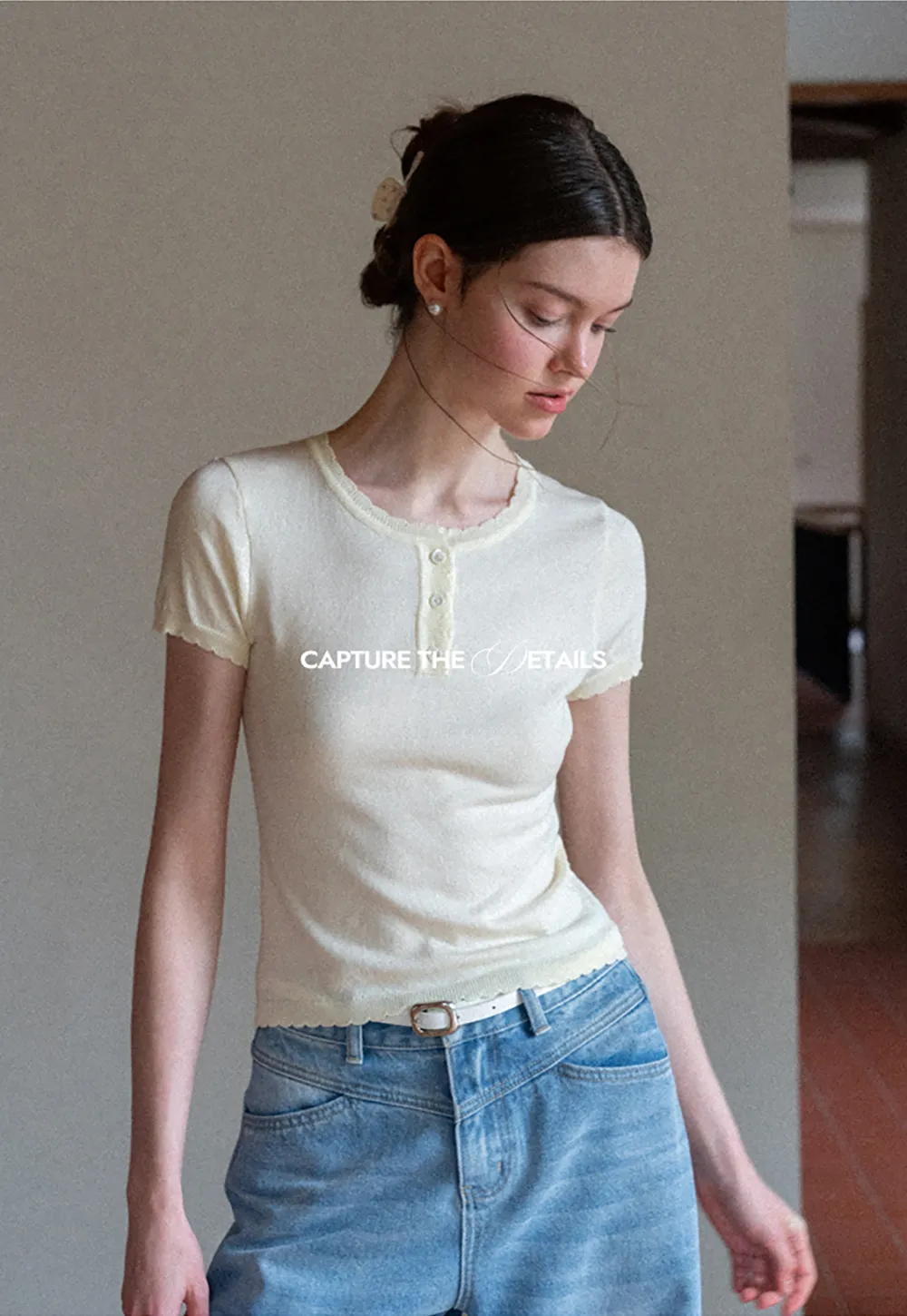 Ruffled Placket Short Sleeve Woolen Knit Sweater