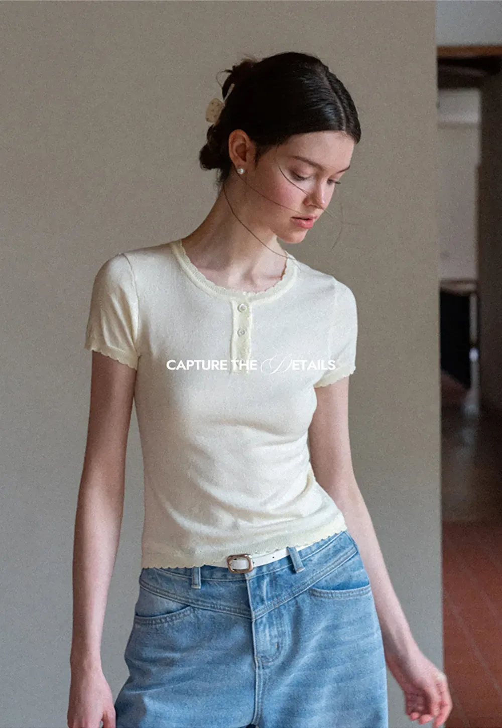 Ruffled Placket Short Sleeve Woolen Knit Sweater