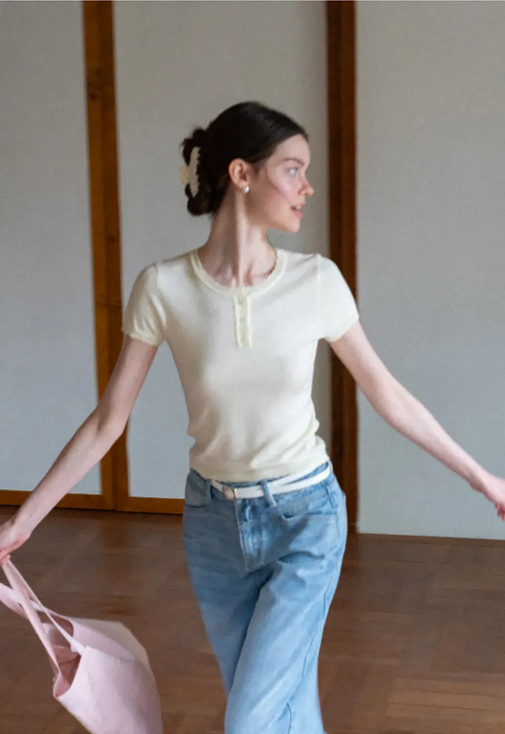 Ruffled Placket Short Sleeve Woolen Knit Sweater
