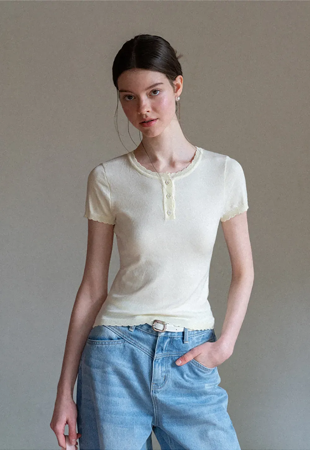 Ruffled Placket Short Sleeve Woolen Knit Sweater