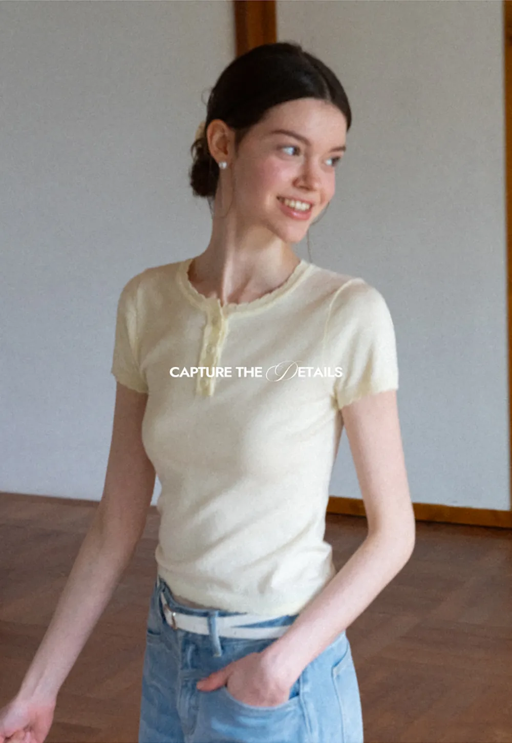 Ruffled Placket Short Sleeve Woolen Knit Sweater