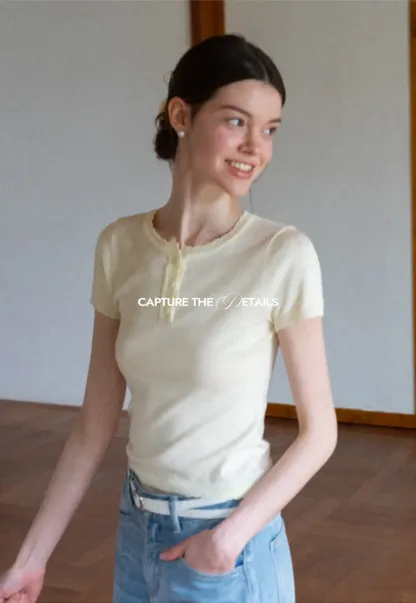 Ruffled Placket Short Sleeve Woolen Knit Sweater