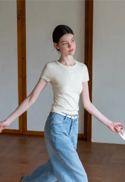 Ruffled Placket Short Sleeve Woolen Knit Sweater