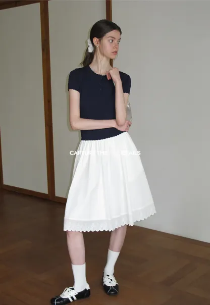 Ruffled Placket Short Sleeve Woolen Knit Sweater