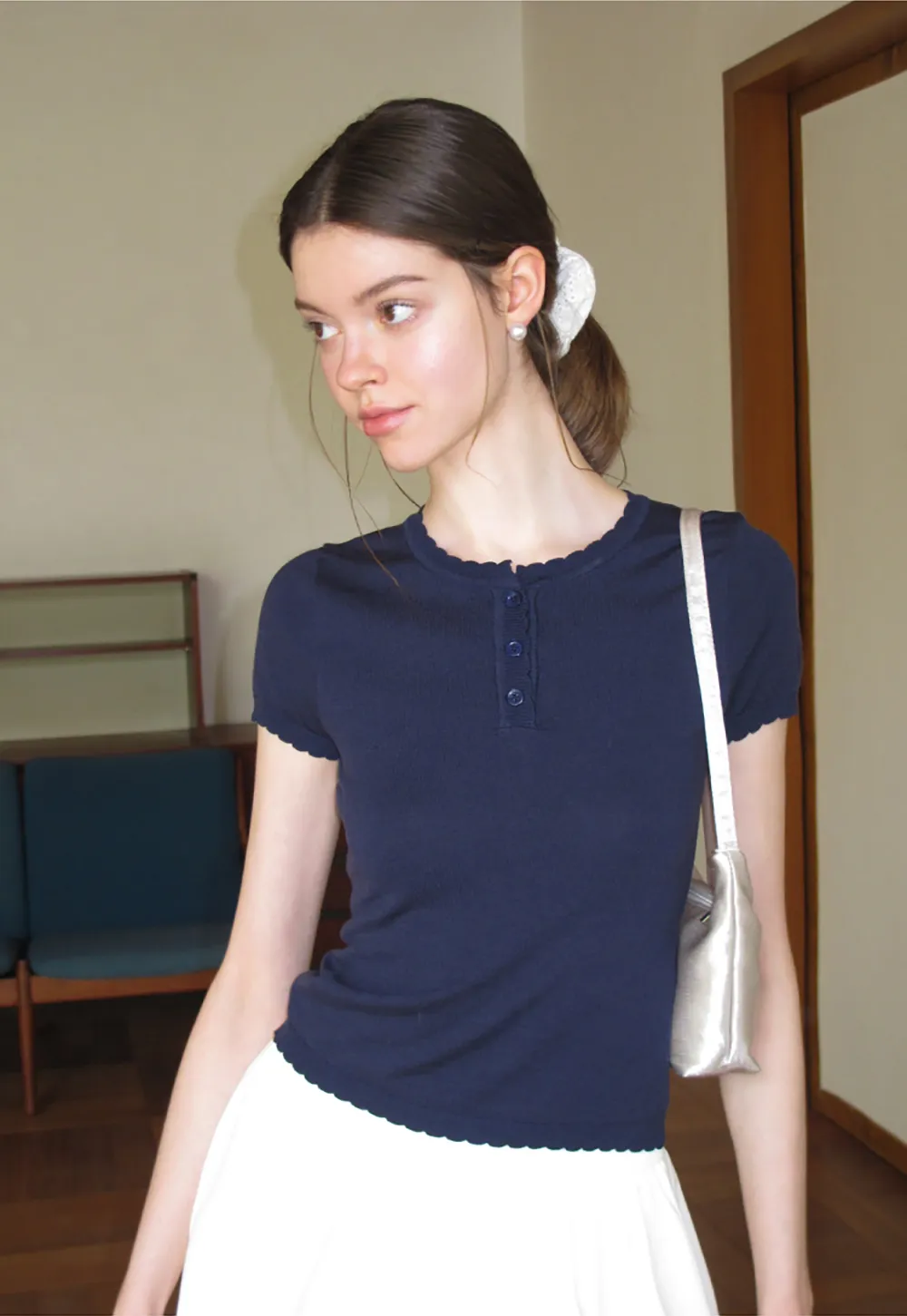 Ruffled Placket Short Sleeve Woolen Knit Sweater