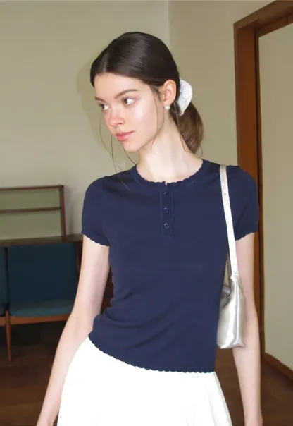 Ruffled Placket Short Sleeve Woolen Knit Sweater
