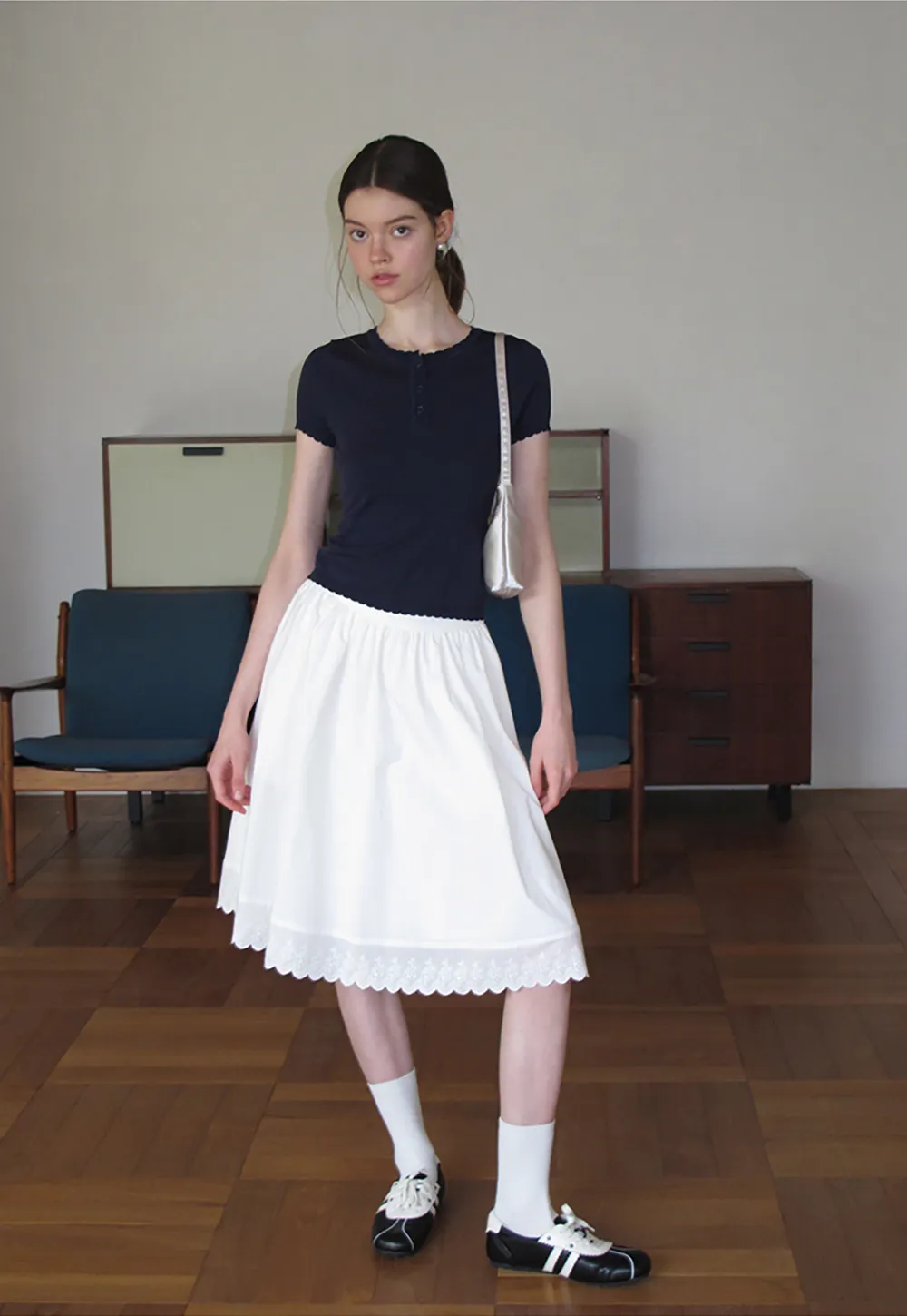 Ruffled Placket Short Sleeve Woolen Knit Sweater