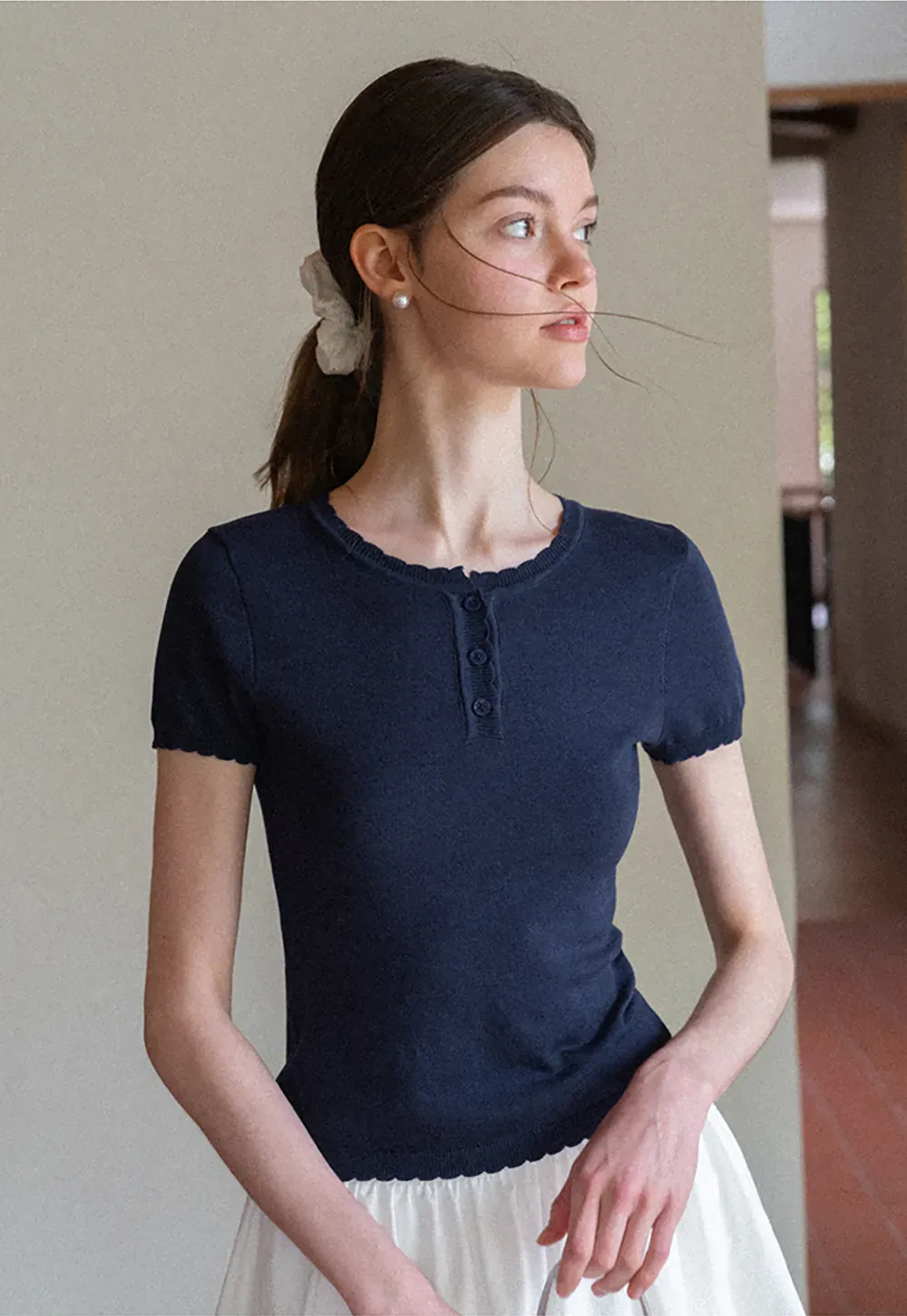 Ruffled Placket Short Sleeve Woolen Knit Sweater