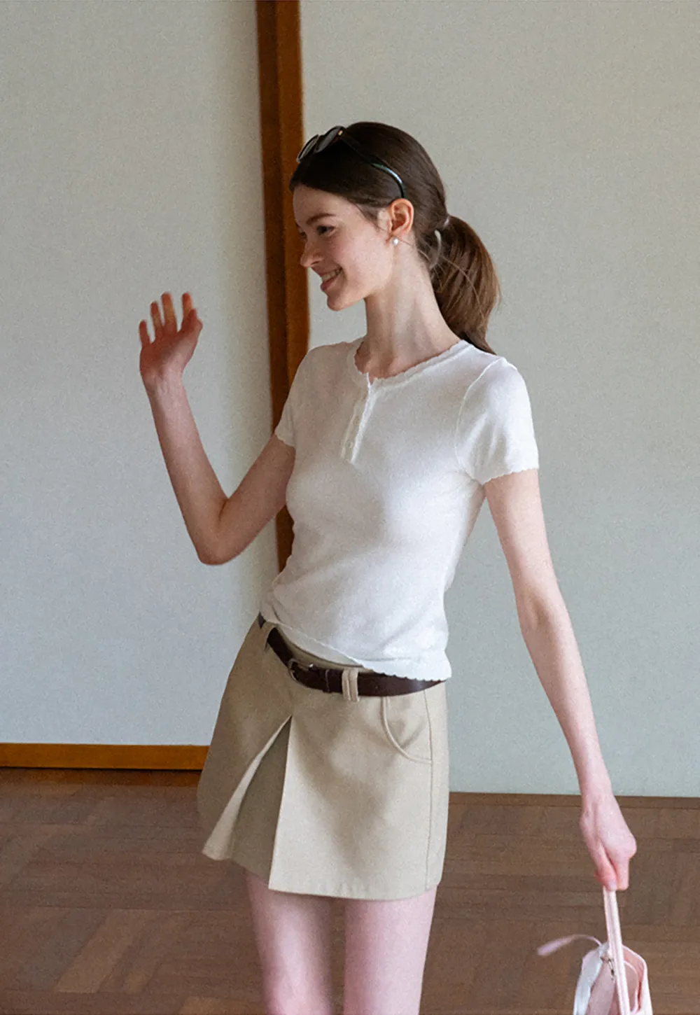 Ruffled Placket Short Sleeve Woolen Knit Sweater