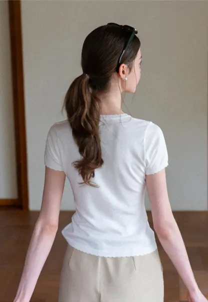 Ruffled Placket Short Sleeve Woolen Knit Sweater