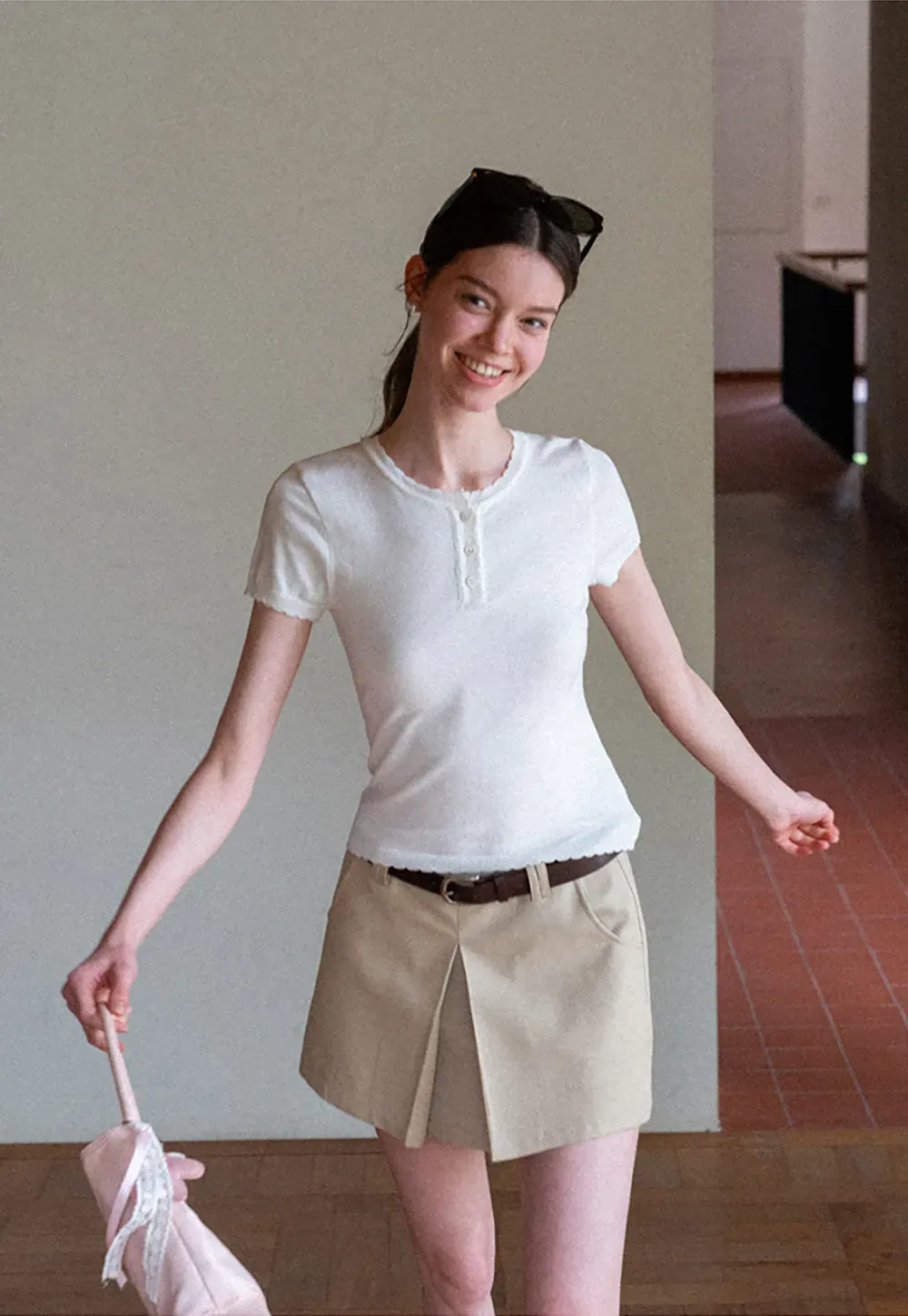 Ruffled Placket Short Sleeve Woolen Knit Sweater