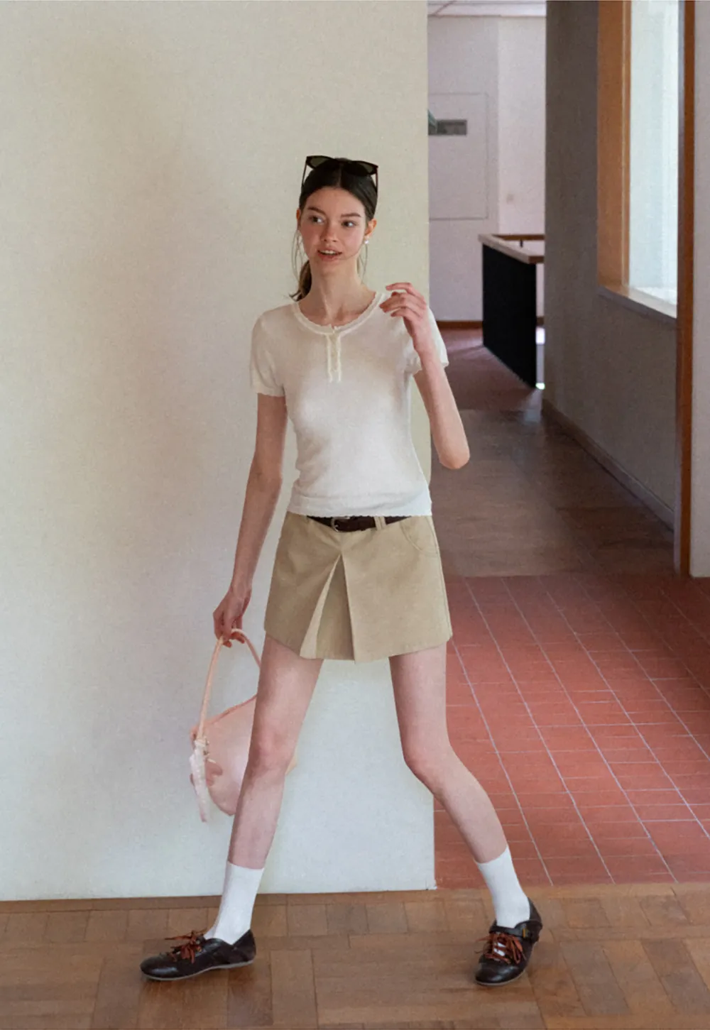 Ruffled Placket Short Sleeve Woolen Knit Sweater