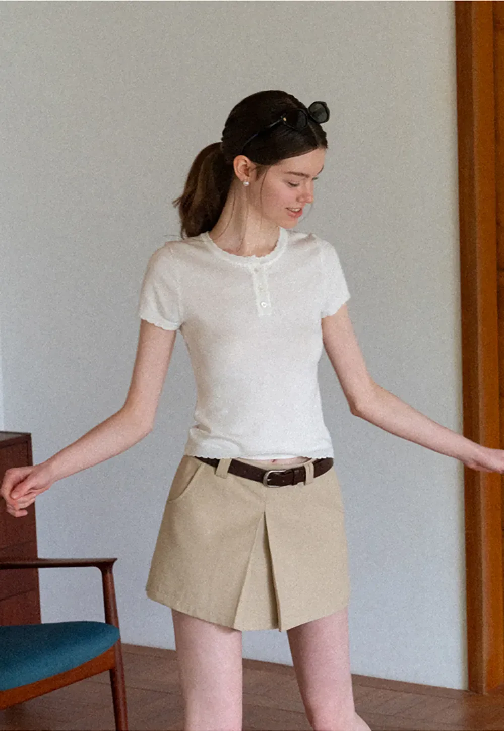 Ruffled Placket Short Sleeve Woolen Knit Sweater