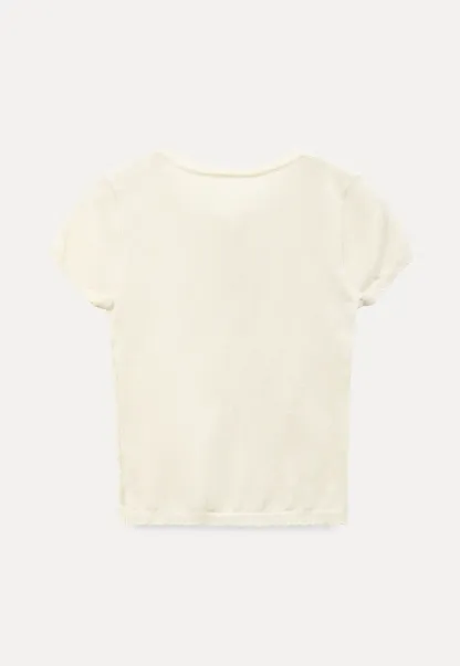 Ruffled Placket Short Sleeve Woolen Knit Sweater