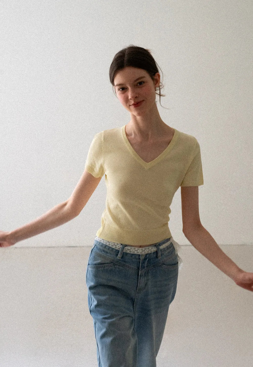 V Neck Short Sleeve Ribbed Knit Sweater