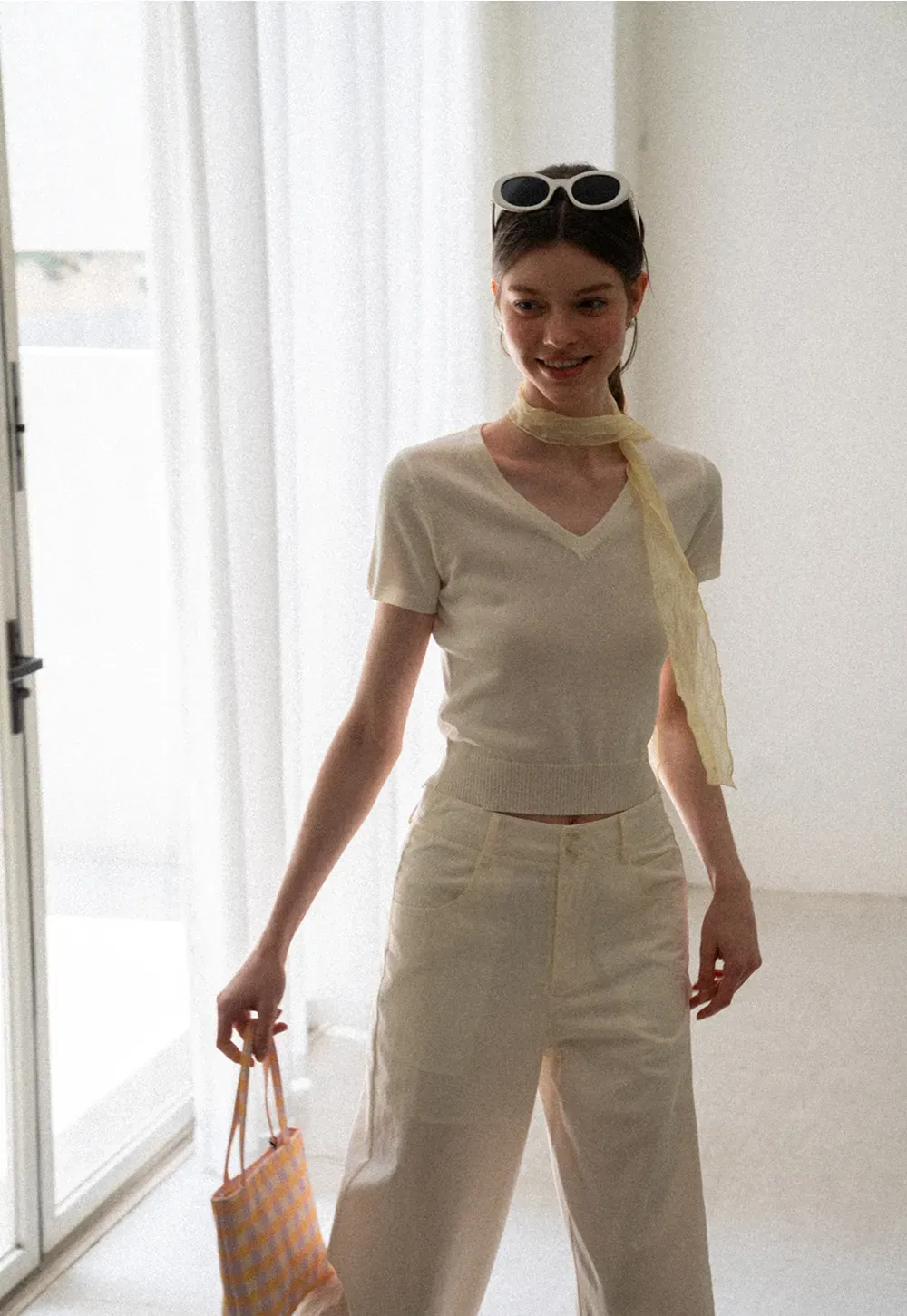 V Neck Short Sleeve Ribbed Knit Sweater