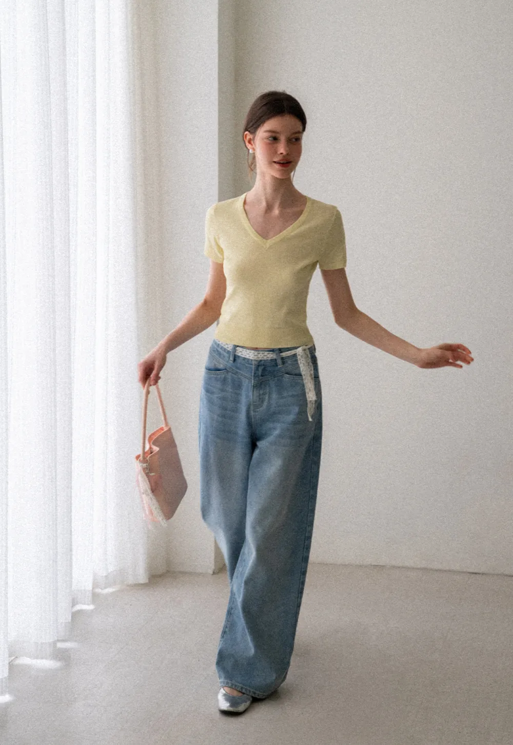 V Neck Short Sleeve Ribbed Knit Sweater