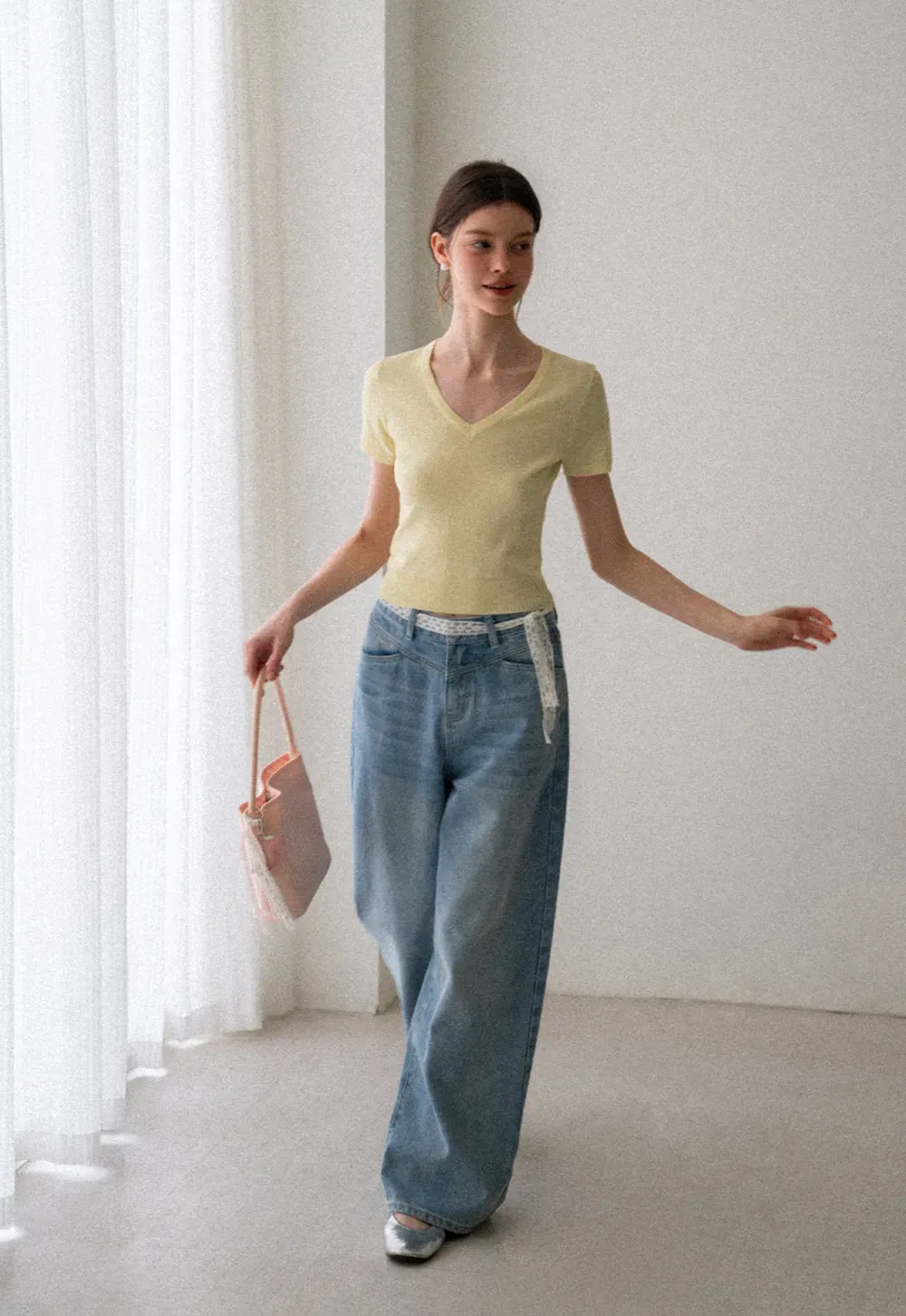 V Neck Short Sleeve Ribbed Knit Sweater