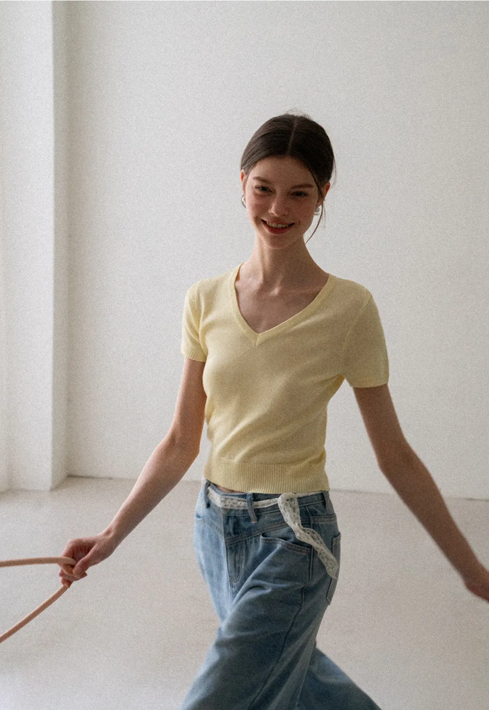 V Neck Short Sleeve Ribbed Knit Sweater