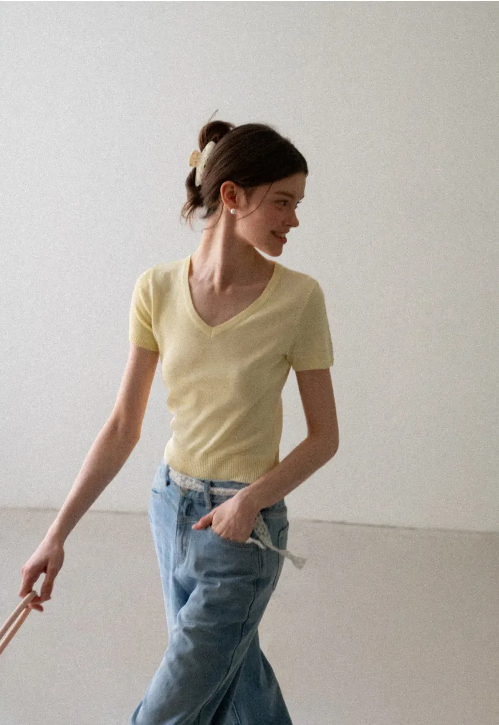 V Neck Short Sleeve Ribbed Knit Sweater