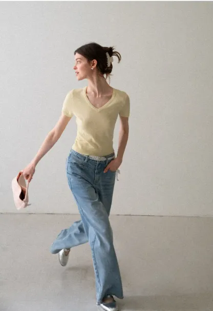 V Neck Short Sleeve Ribbed Knit Sweater