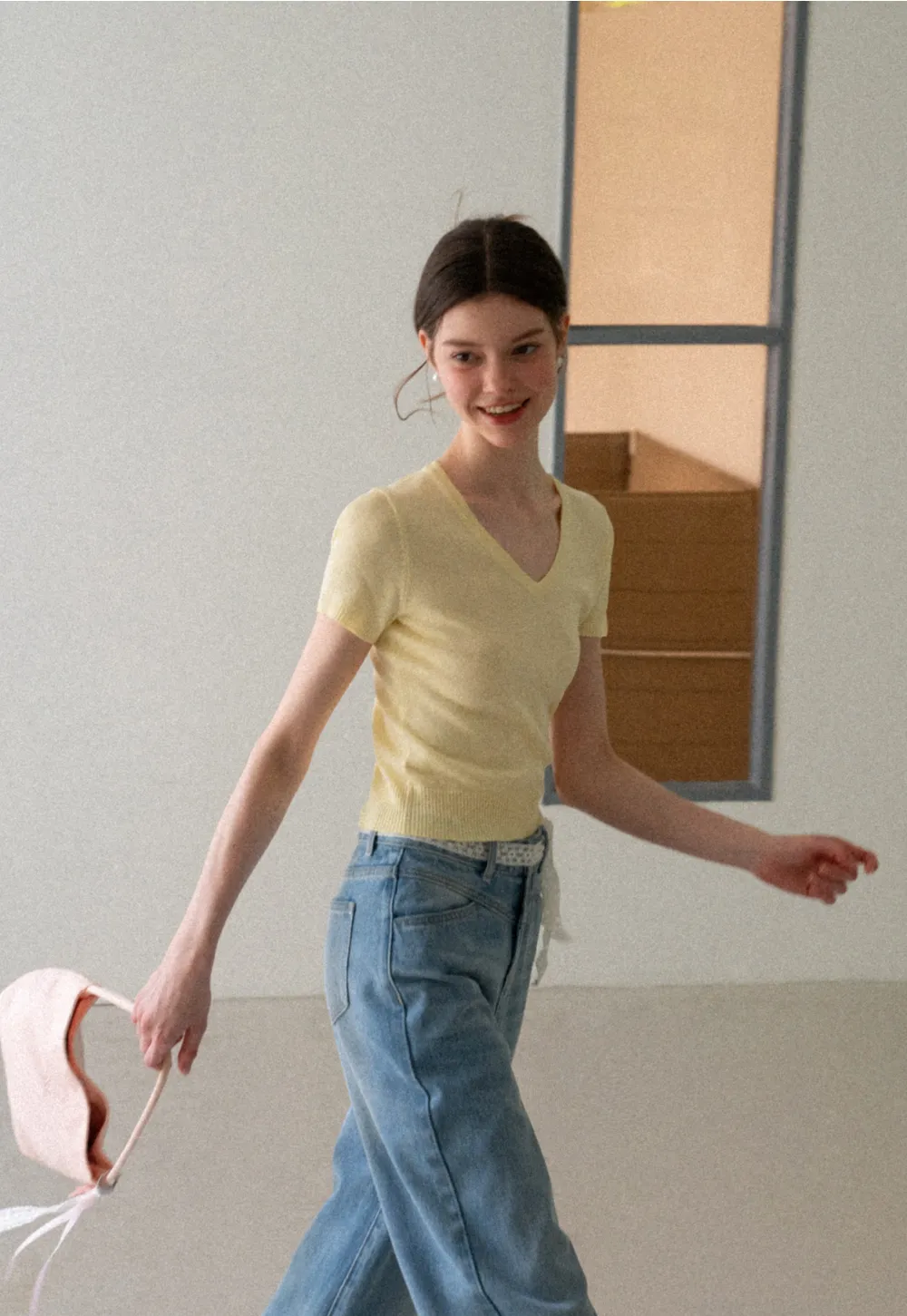 V Neck Short Sleeve Ribbed Knit Sweater