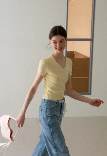 V Neck Short Sleeve Ribbed Knit Sweater