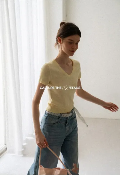 V Neck Short Sleeve Ribbed Knit Sweater