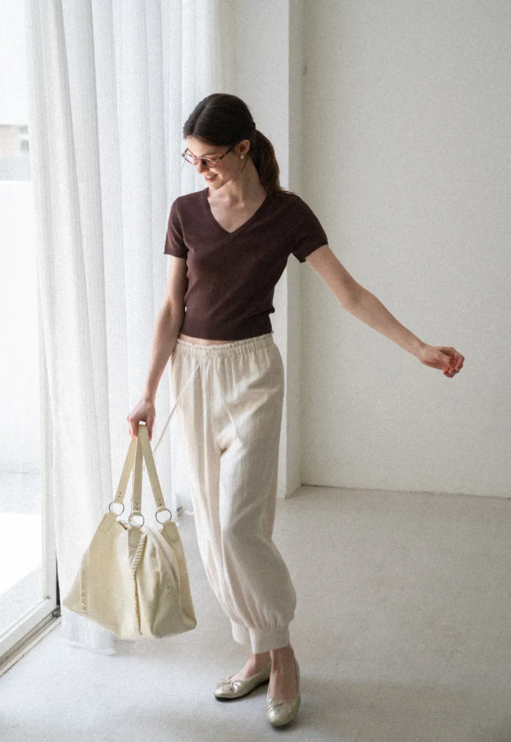 V Neck Short Sleeve Ribbed Knit Sweater